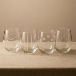 Lazboy  2010s Crystal Set Of 4 Diamond Engraved Stemless Wine Glasses, NIB, 3x5”