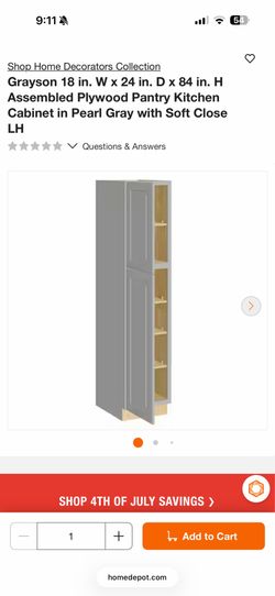 Home Decorators Grayson 18 in. W x 24 in. D x 84 in. H Assembled Plywood Pantry Kitchen Cabinet $160