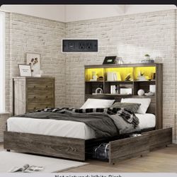 Birch White King Size Wooden Storage Bed Frame With LED Bookcase Headboard