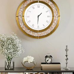 Crushed Diamond Wall Clock Round Decorative Mirrored Clock 24 inch