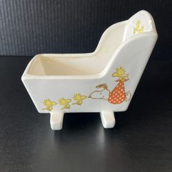 Vintage 1965 Peanuts Snoopy And Woodstock Ceramic Rocking Cradle Planter Japan