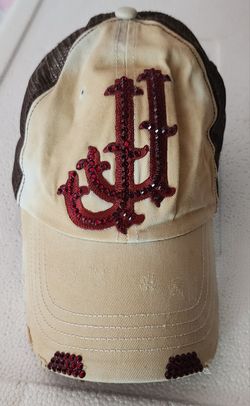 Tan & Brown Baseball Cap w/ Red Rhinestones 