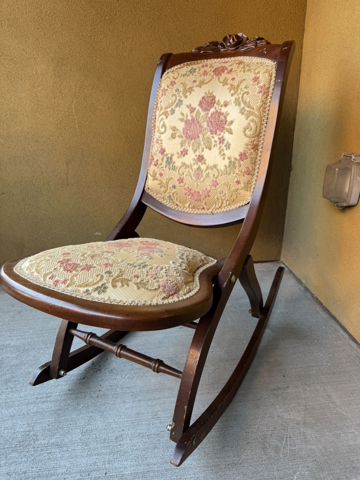 Antique Victorian Mahogany Carved Folding Rocker Floral Seat Campaign Chair