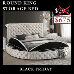 Grey King Size Bed - Round Storage Bed With Luxurious Button Thudded Fabric