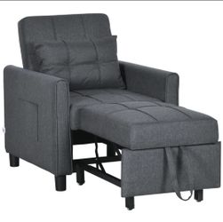 HOMCOM 3-in-1 Convertible Chair Bed, Multi-Functional Single Sofa Bed, Pull Out Sleeper Chair with Adjustable Backrest, Pillow, and Pockets, Gray