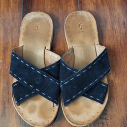 FRYE Avery Pickstitch black Slides flats size 9