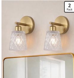 (B-40) Light Brushed Gold Bathroom Vanity Wall Sconces, 2-Pack Modern Stainless Steel Fixtures with Textured Glass Shades for Over-Mirror Lighting, E2