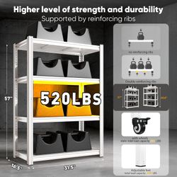 Adjustable Rolling Storage Shelve for Kitchen Pantry Closet Boutique 2080 LBS capacity,59.8" H x 31.5" W x 16.5" D,4 Tier,White,Solid metal