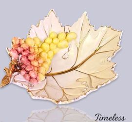 Vintage Ceramic Leaf Shaped Decorative Dish with Grapes Accent