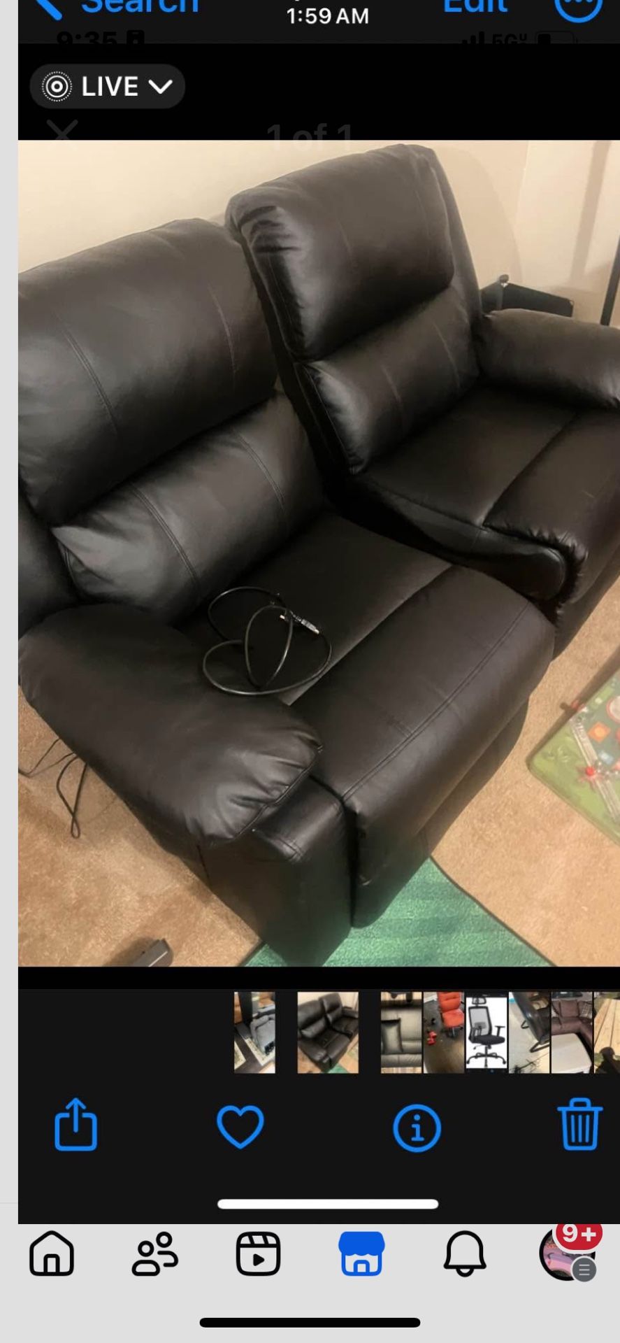 Black leather Recliner Massage Love Seat 