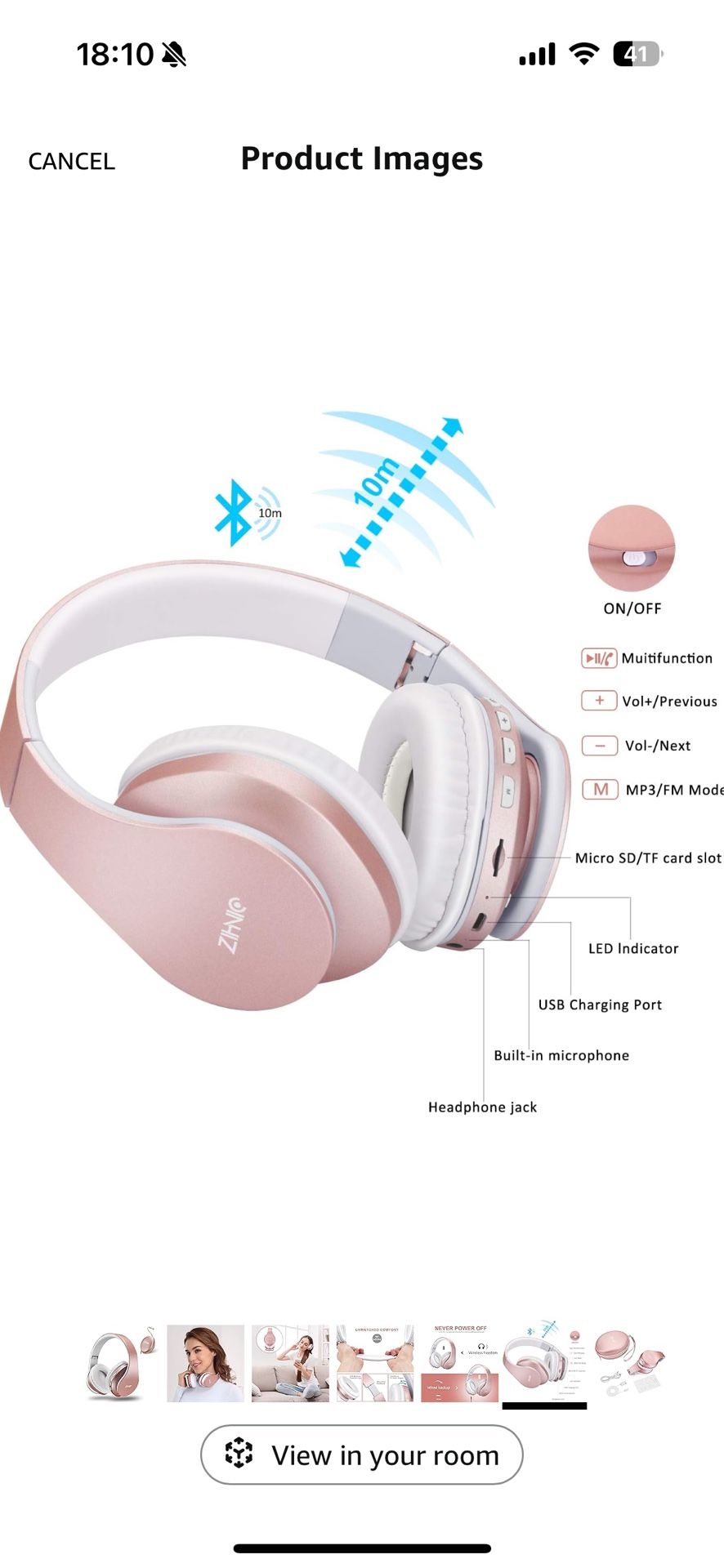 Bluetooth Headphones Over-Ear, Foldable (Rose Gold)