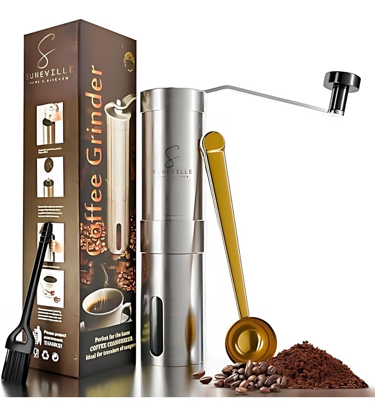 Suneville Manual Stainless Steel Coffee Grinder & Accessories - Fine to Coarse Grinding Settings - Espresso Tools with Portable Hand Coffee Grinder, G