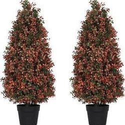 New 3ft Artificial Boxwood Topiary Trees Set of 2 - UV Resistant Fall Faux Plants for Outdoor/Indoor