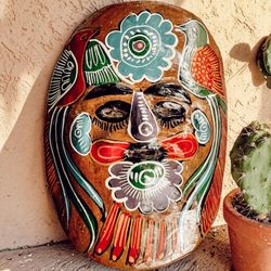 Vintage Mexican Talavera Mask Clay Terracotta Folk Art Hand Painted Birds Flowers