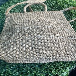 Vintage Woven Sisal “Esprit” Brand Handbag With Fold Over Flap With Wooden Toggle, Braided Handle With Matching Over Shoulder Strap