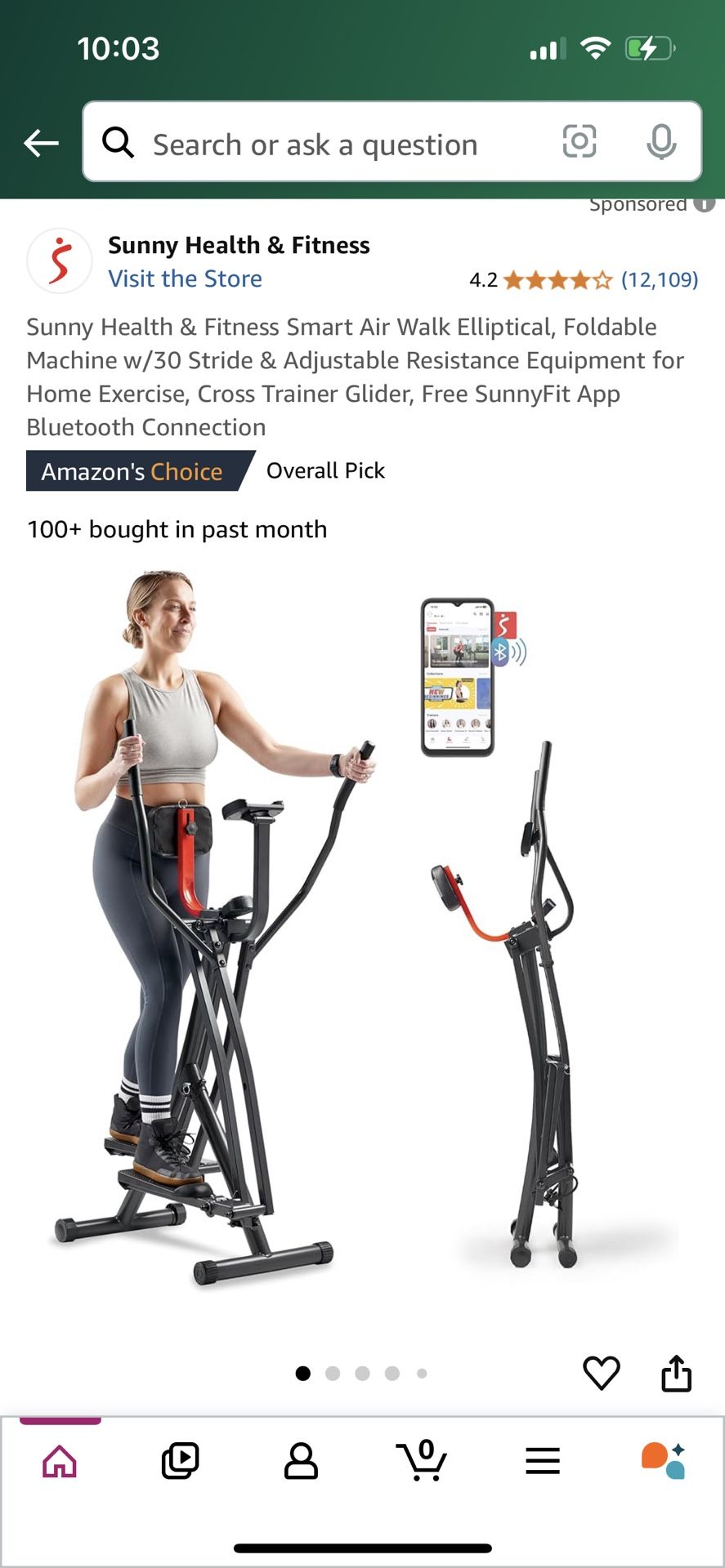 New! Sunny Health & Fitness Smart Air Walk Elliptical, Foldable Machine w/30 Stride