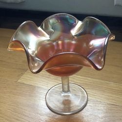 Vintage Iridescent Orange Dish Fluted Ruffled Carnival Glass Compote Candy Bowl 5” tall  6” diameter