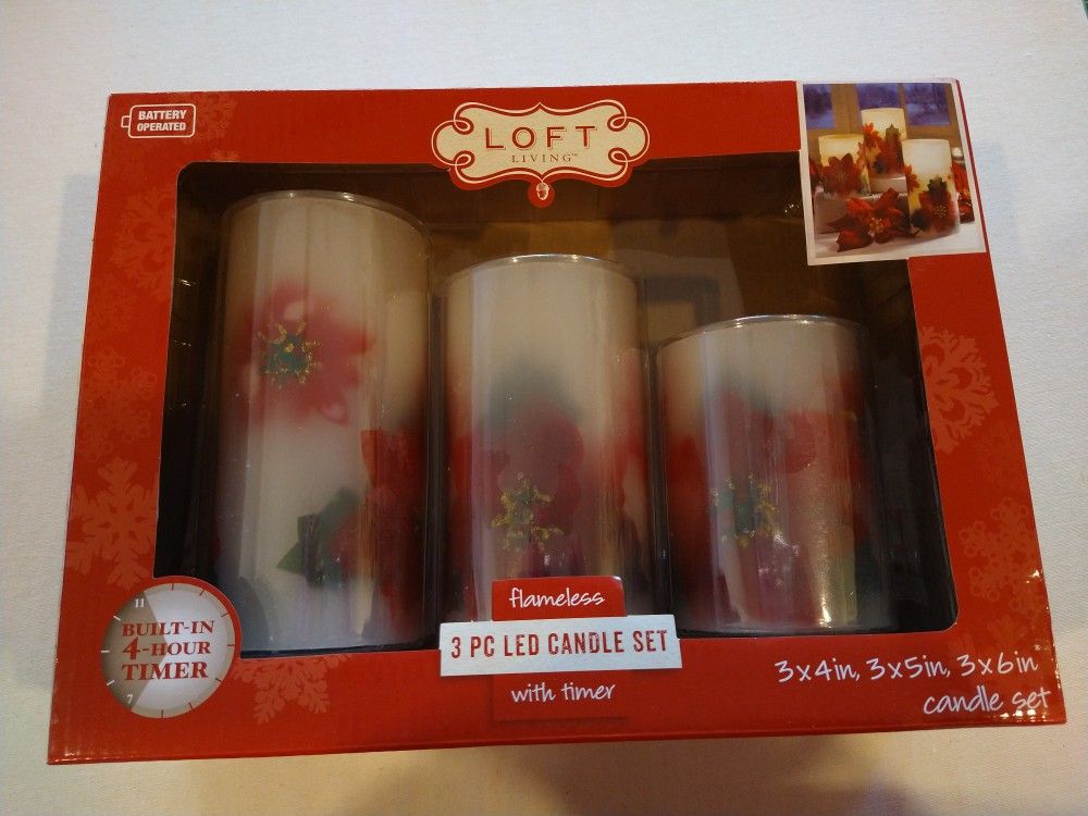 Flameless 3 Piece LED Poinsettia Candle Set