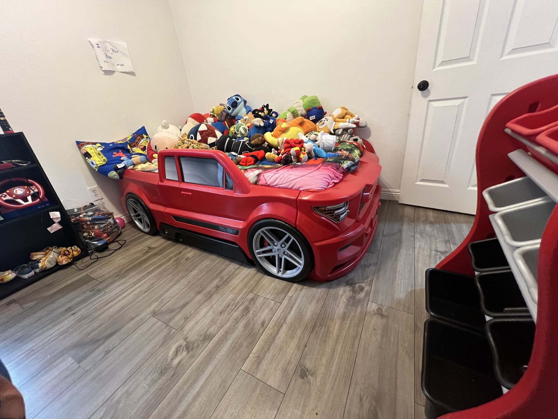 Kid Twin Size Truck Bed With Toy Box Shelf