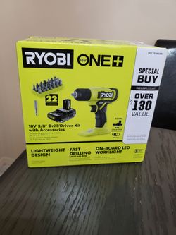 Unopened Ryobi 18v 3/8" drill kit & accessories
