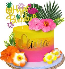13 PCS Hawaiian Flower Cake Toppers Summer Cake Decoration with Palm Leaves and Hibiscus Flower for Hawaiian Aloha Flamingo Themed Birthday Supplies (