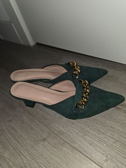 Green open back heels with gold buckles - womens 9.5