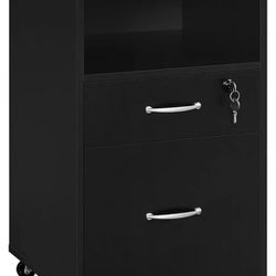 Yaheetech File Cabinet, Under Desk Vertical Cabinet with 2 Drawers and Open Compartment, Printer Stand with Lockable Wheels for A4 Letter Size Hangabl