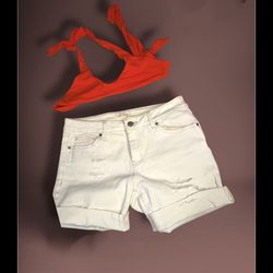 Beach wear small oranfe biki yop white size 6 shorts & white 2 piece bikini cover up