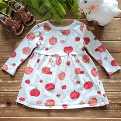 12-18MOS GRAY RED APPLES PRINT LONG-SLEEVE JERSEY KNIT DRESS