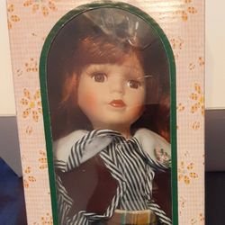 Kunsthandwerk Topline Austria, Porcelain Doll,  15in Tall, Plaid , Blue & White.