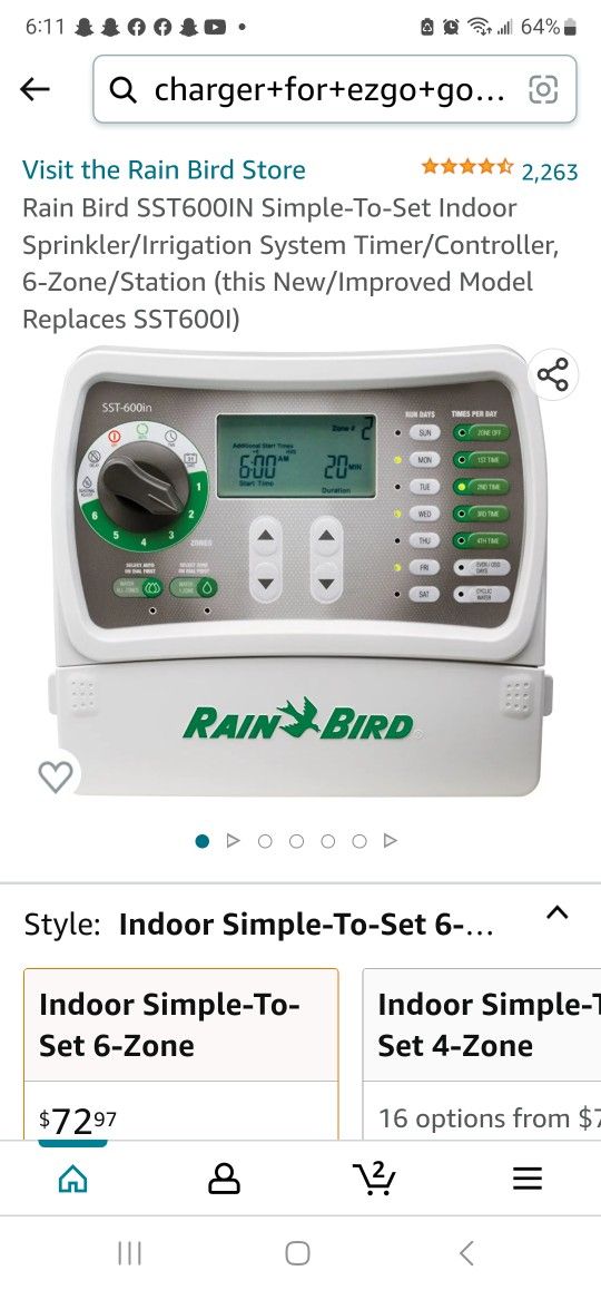 Rain Bird SST600IN Simple-To-Set Indoor
Sprinkler/Irrigation System Timer/Controller,
6-Zone/Station (this New/Improved Model
Replaces SST600I)
SST-60