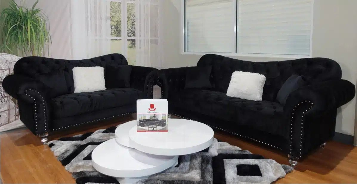 New Velvet Sofa And Loveseat Black 2 PCs