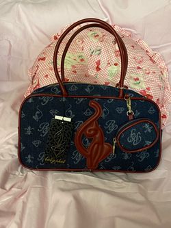 Baby Phat Blue Logo Denim Satchel Top Handle Cat Charm Gold Zip burgundy lined