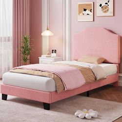 🔥 Twin Size Velvet Corduroy Bed Frame,  Adjustable Headboard, No Box Spring Needed! Pink