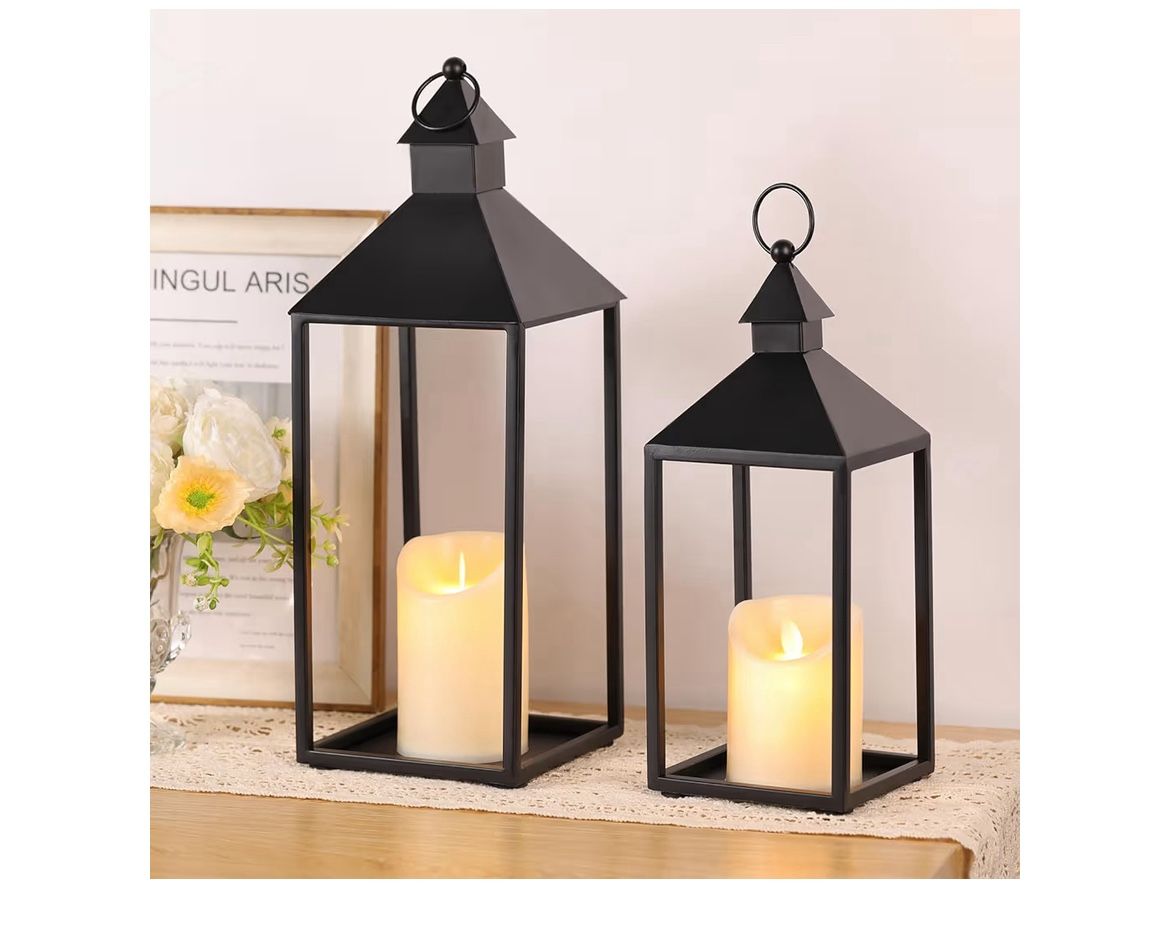 Lantern Decorative Outdoor/Indoor Set of 2 (17" & 13") Black Metal Candle Lanterns with Flameless, Farmhouse Decoration for Hom
