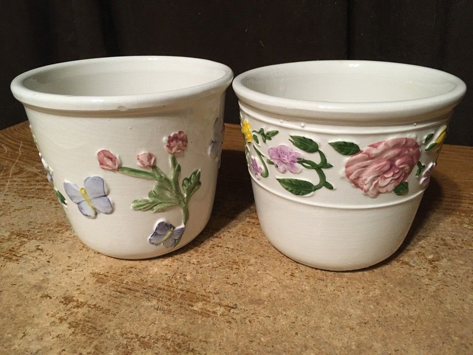 Two Bassano Porcelain's Ceramic Planter Pots Italy 4.5x5 With Flowers And Butterflies On Them