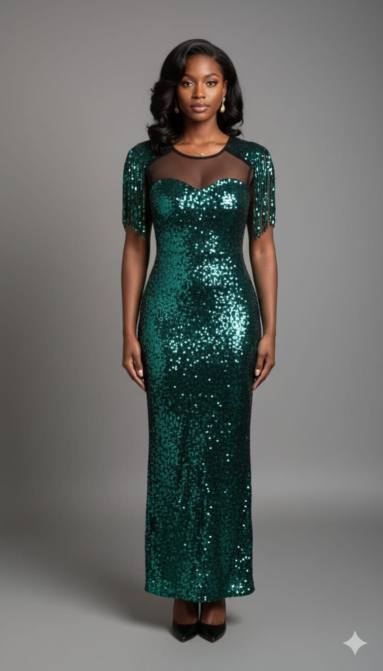 Sparkling Green & Black Sequin Backless Dress