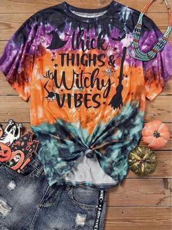 New L Hocus Pocus Halloween Thick Thighs & Witch Vibes Tie Dye T-Shirt Tee