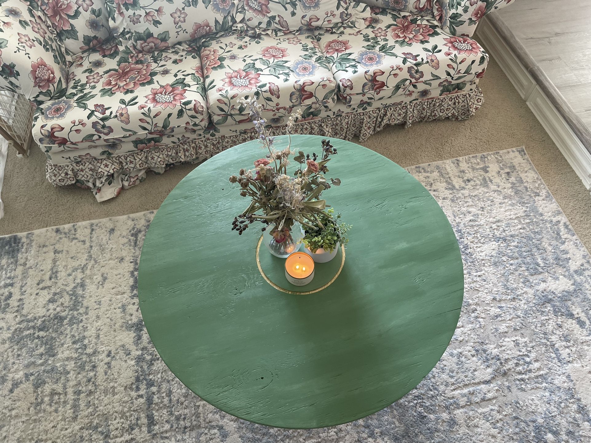 Chic Green and Gold Round Wooden Table with Gold legs- Refinished