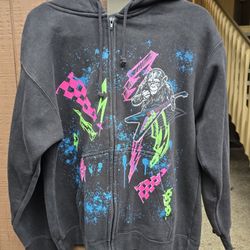 Vintage 2000 Y2K Top Heavy Neon Black Full Zip Hoodie Small 