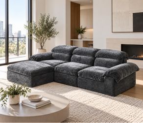 Large 110” Dark Gray Modular Sectional Boneless  Sofa with Ottoman