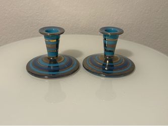 Vee Jackson Candle Holders Ceramic Blue Gold Stripes
