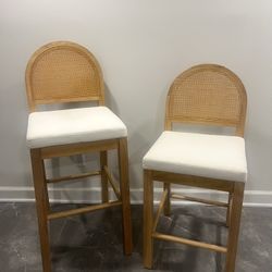 2 Boho Upholstered Rattan Bar Stools in Oak Finish 