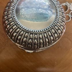 4.5 Trinket Jewelry Box Embossed Silver Tone Metal Blue Velvet Lined, 2002