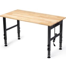 Newly Assembled 48" Height Adjustable Workbench, 2000 LBS Load Capacity Rubber Wood Top Workstation with Power Outlet