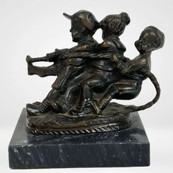 Antique Bronze Sculpture- Tug of War Children Signed SJ Natural Patina Statue 
