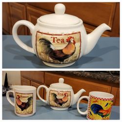 Vintage Country Farmhouse Teapot With 2 Mugs