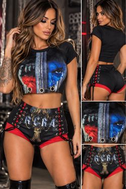 NEW Rock Graphic 2-Piece Crop Top & Lace-Up Shorts Set Size Small/medium