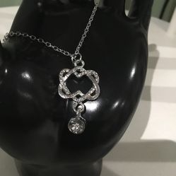 Women Silver Double Heart Zircon Crystal Pendant Chain Necklace
