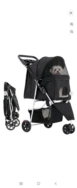 3 Wheels Pet Stroller, Dog and Cat Strollers, With Storage Basket and Cup Holder, Lightweight Travel Carrier, Breathable Mesh, Waterproof and Foldable